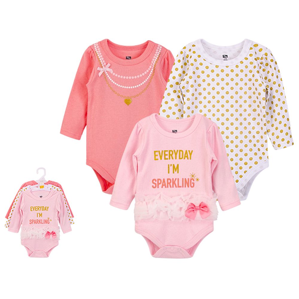 美國 Luvable Friends - 甜蜜寶貝嬰幼兒100%純棉長袖包屁衣3件組-閃亮寶貝