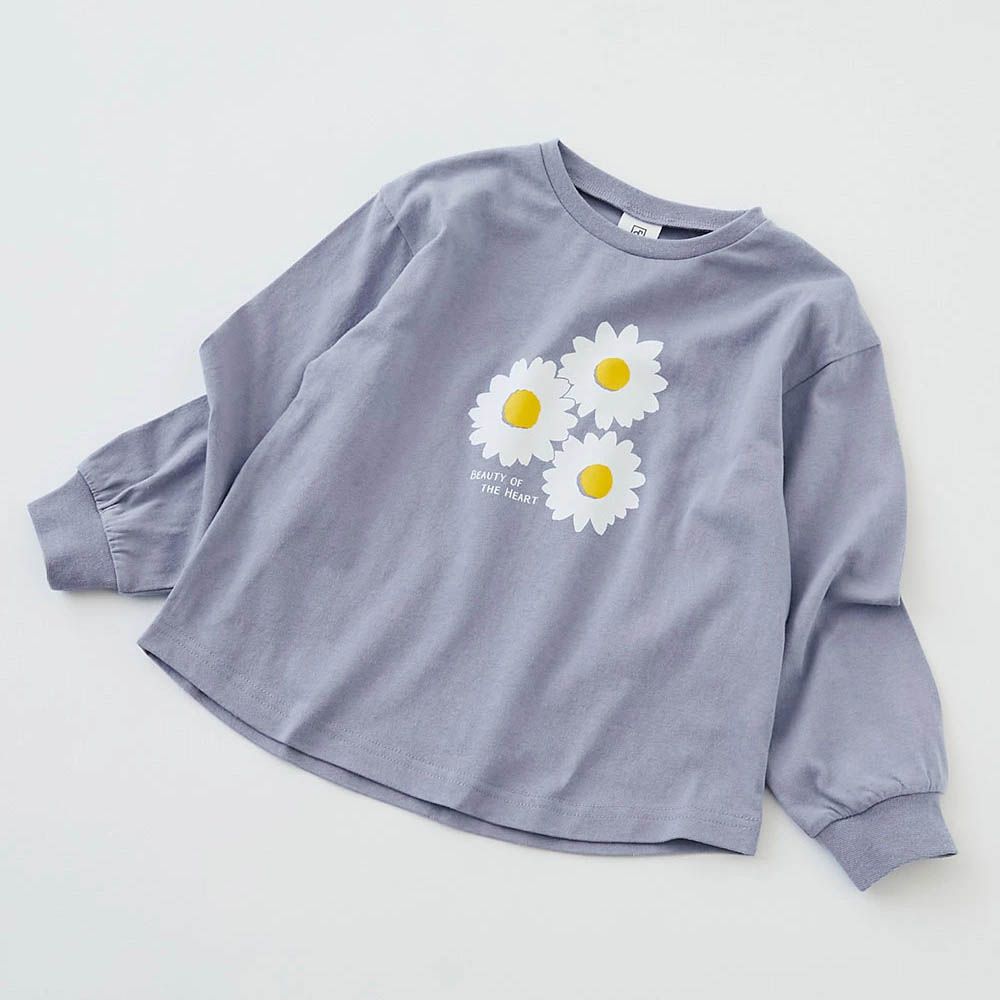 100%棉 定番女孩印花長袖上衣-小花-藍紫