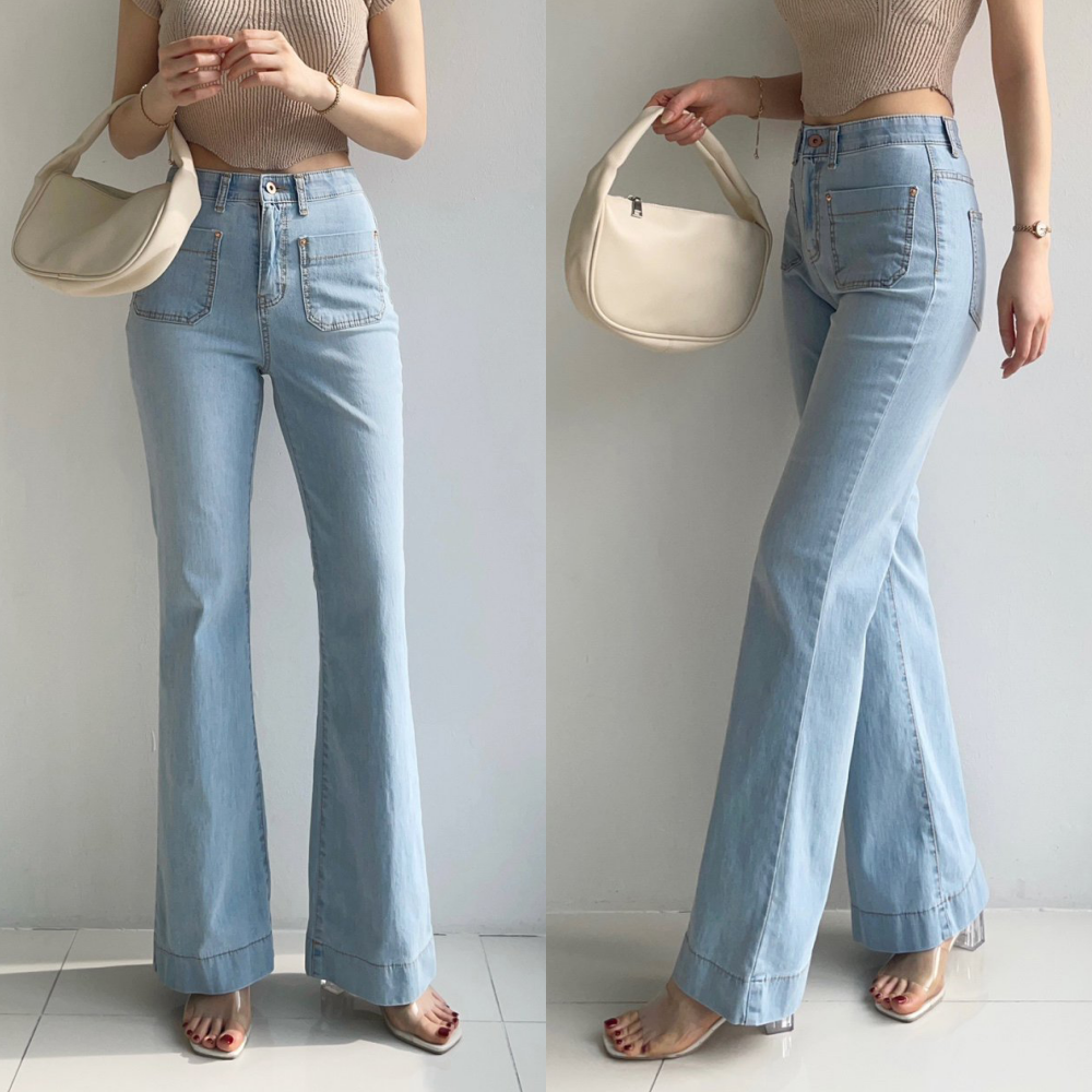 Howluk 彈性腰柔軟彈力丹寧喇叭褲-淺藍