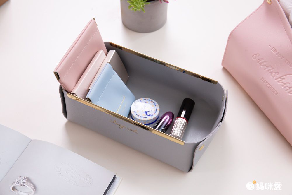 北歐簡約風皮質桌面收納盒-淺口款-灰色