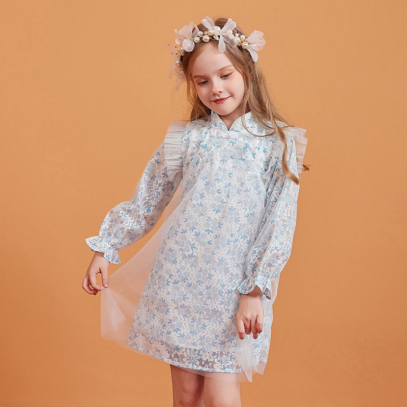 復古碎花長袖連身裙-碎花款-藍色