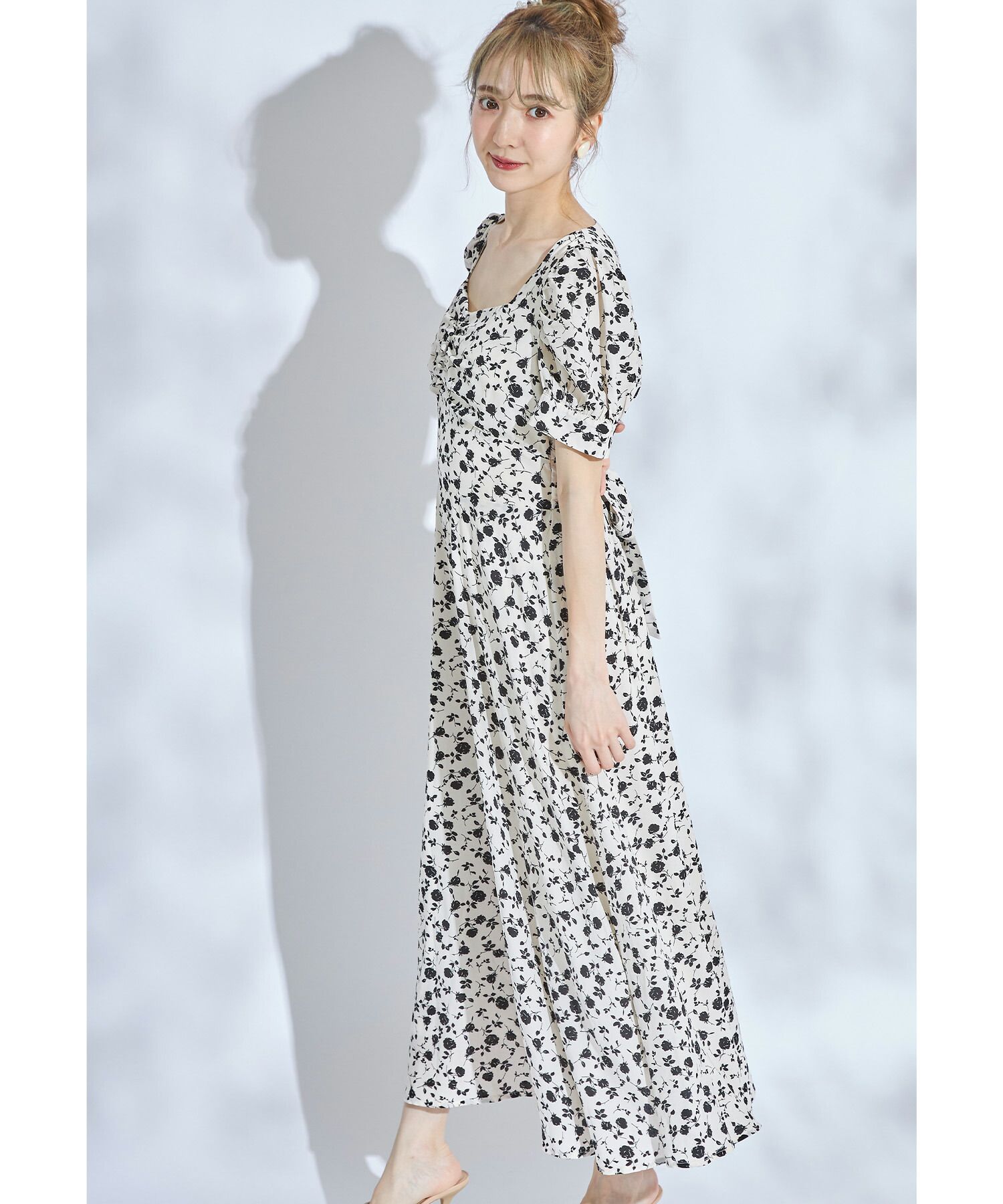 日本 tocco-closet - 愛心領泡泡袖雪紡洋裝-典雅玫瑰-鮭魚粉