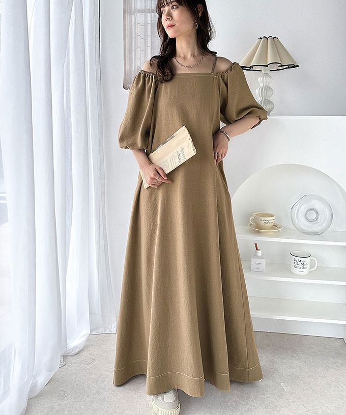 日本 Classical Elf - 典雅2way露肩腰綁帶泡泡袖洋裝-米杏