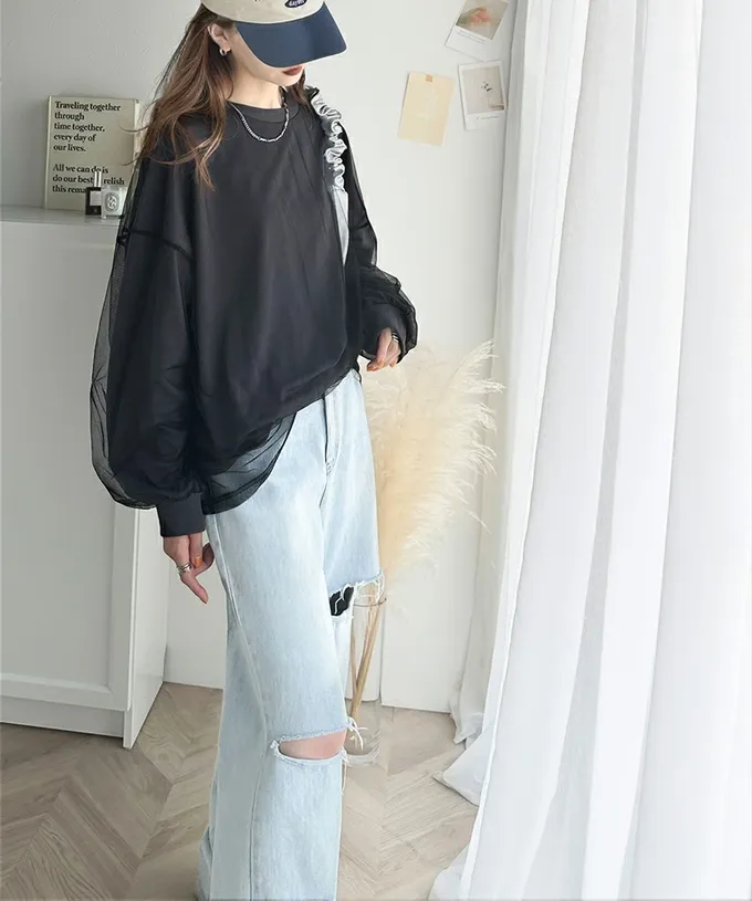 日本 Classical Elf - Java 透膚薄紗層次上衣-背後標籤印花-炭灰