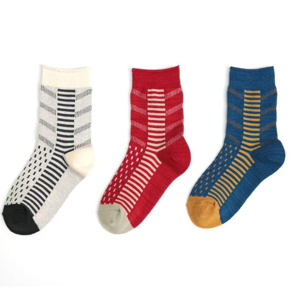 日本 stample - (兒童)中筒襪-超值三雙組-線條拼接-米紅藍