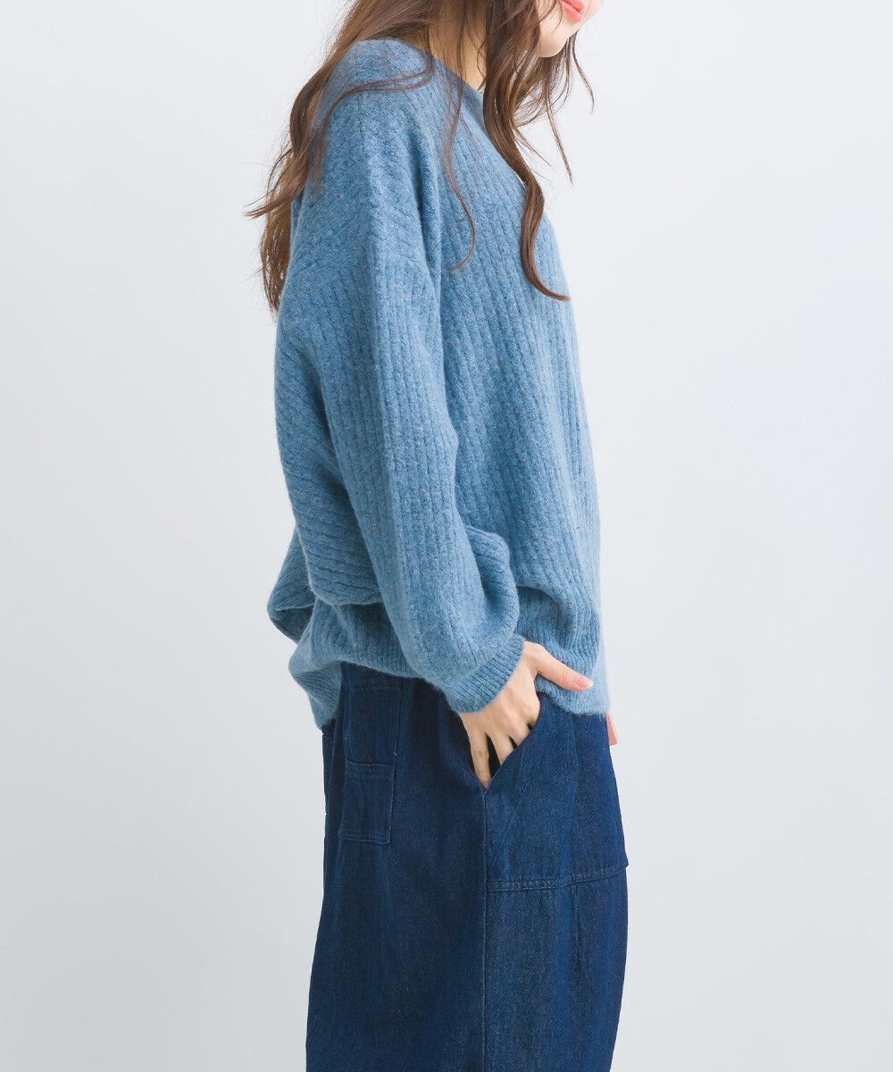 日本女裝代購 - 大寬袖圓領混色針織上衣-米黃