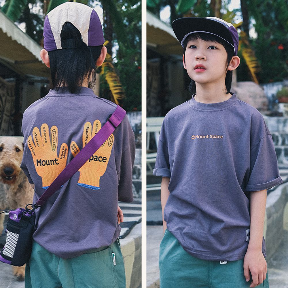 休閒圓領短袖上衣-手套印花-灰色