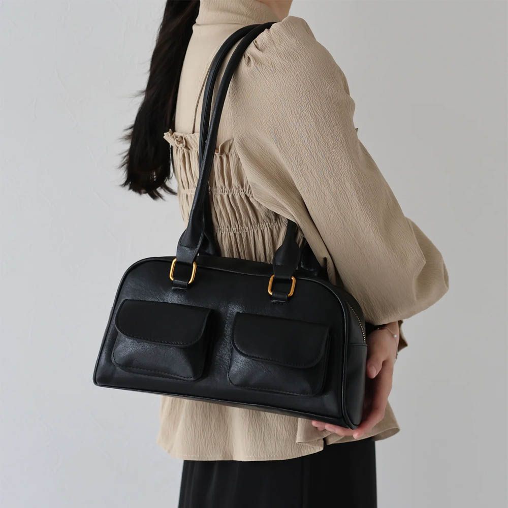 雙口袋簡約都會風肩背包-氣質黑