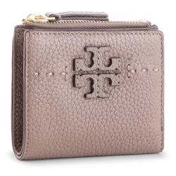 TORY BURCH - 雙T-LOGO素面皮革短夾 (沙丘駝)