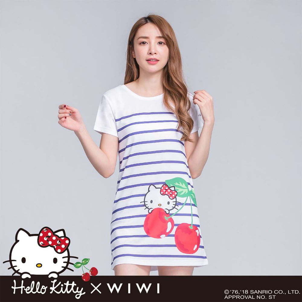 WIWI - 長版-櫻桃Hello Kitty防曬排汗涼感衣-女-夜白藍
