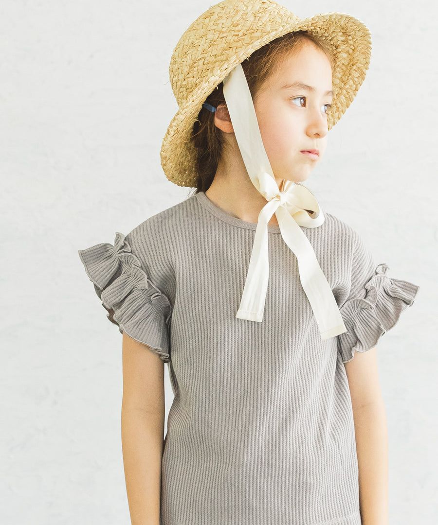 日本 PAIRMANON - 純棉荷葉衣袖拼接鬆餅紋短T-黑