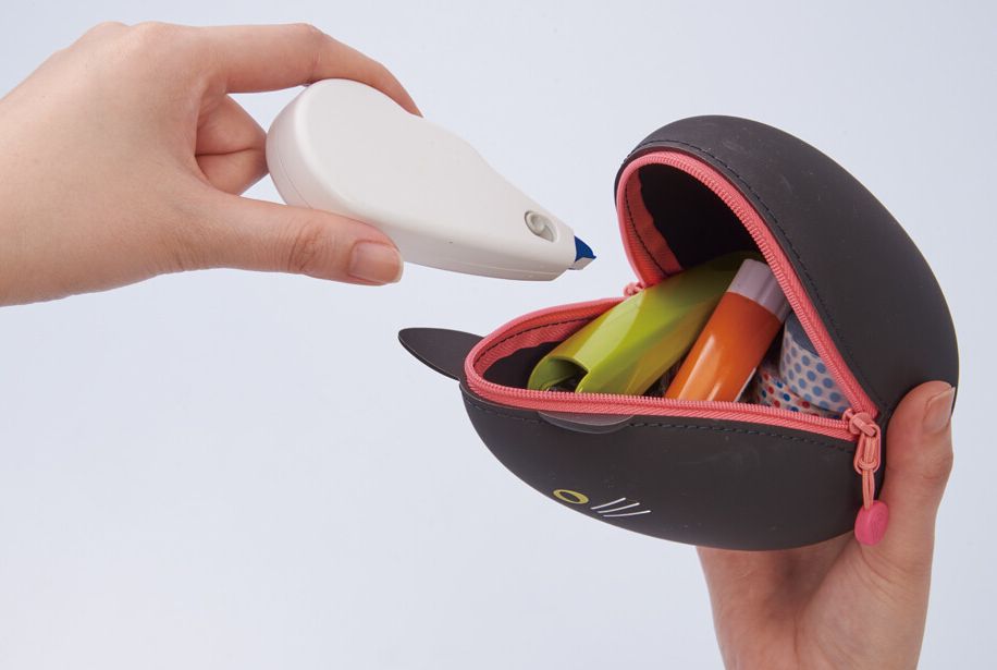 日本文具 LIHIT - 圓筒式胖胖收納包-灰貓 (L(14x12x9.6cm))