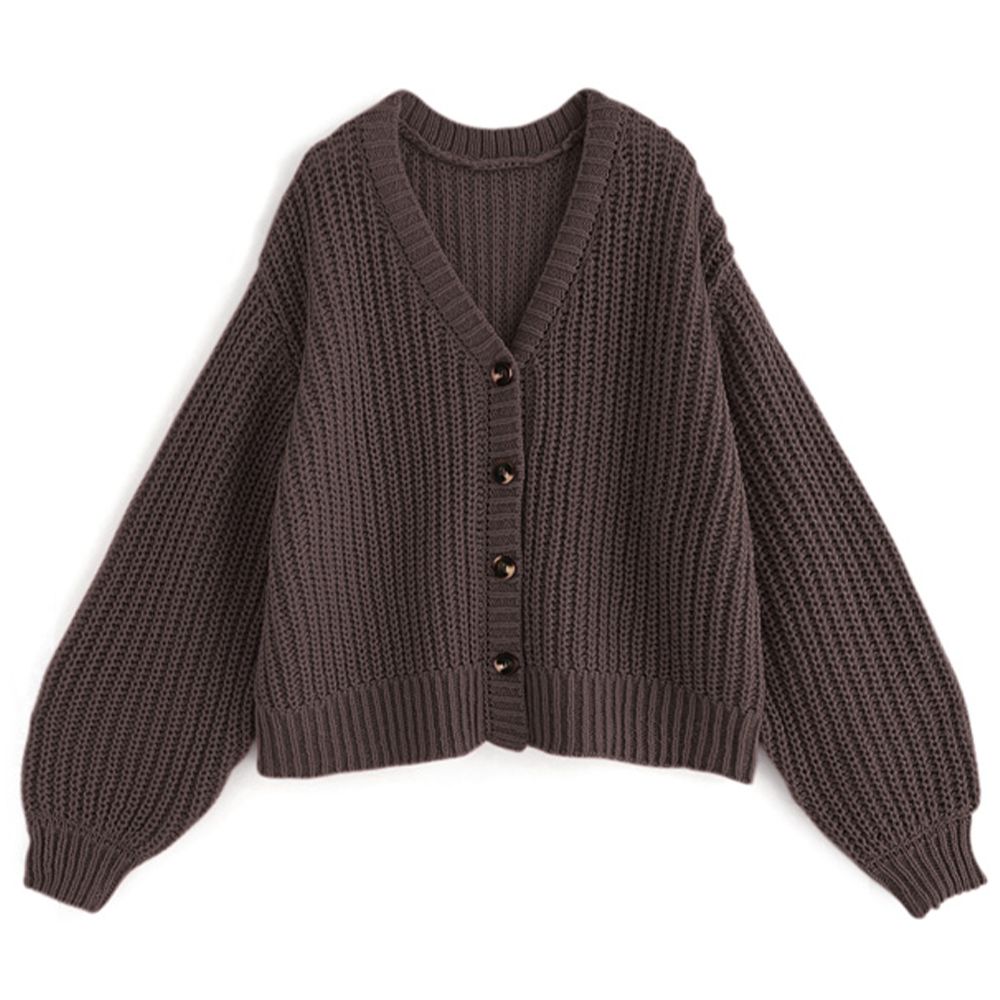 文青風粗針織V領開襟衫/外套-深摩卡 (F)