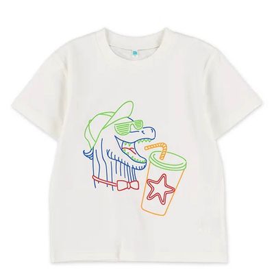 日本西松屋 - 彩色線條歡樂恐龍短袖上衣-白