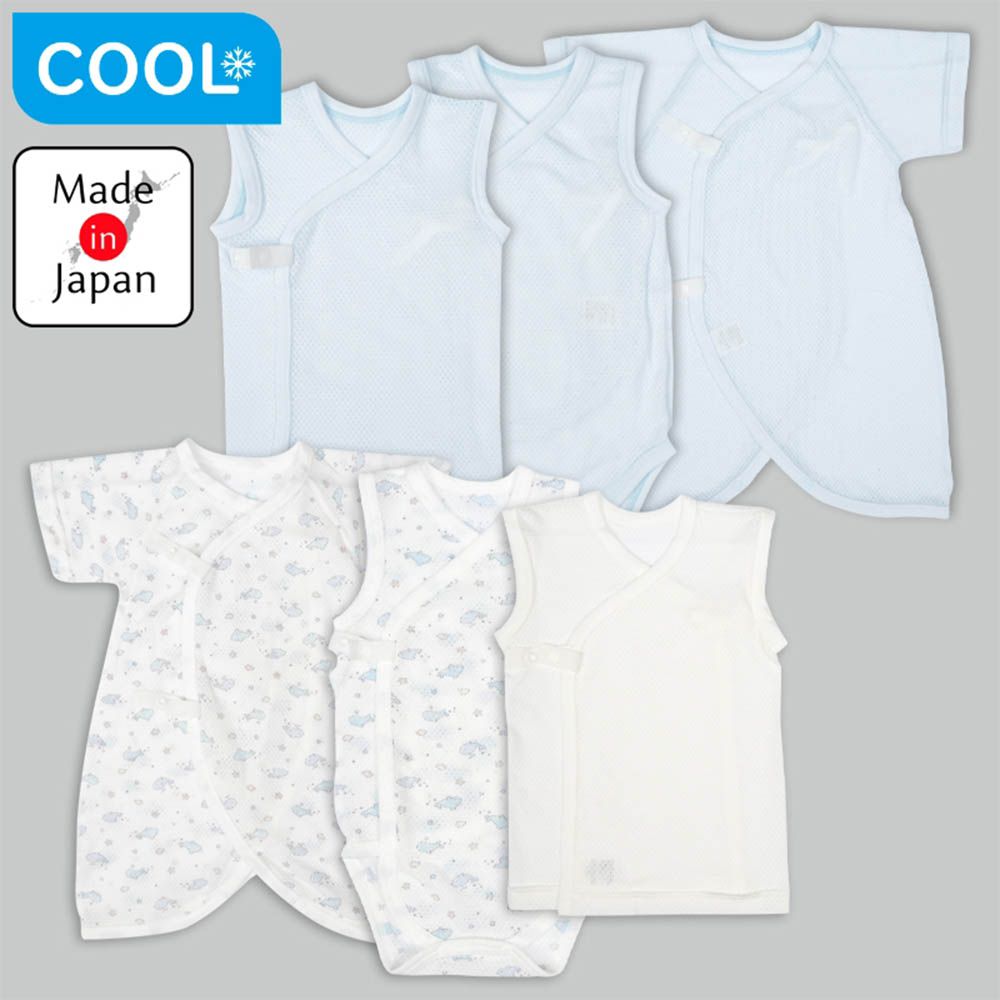 新生兒內衣6件組-無袖網眼 鯨魚-淺藍色 (50~60cm)