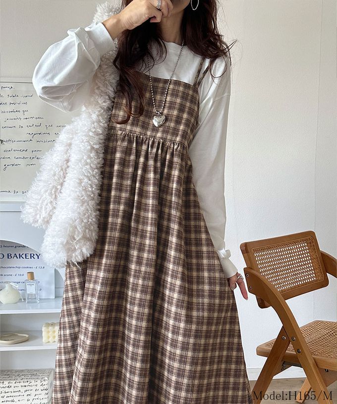 日本 Classical Elf - 學院風格紋甜美雙吊帶洋裝-深灰棕