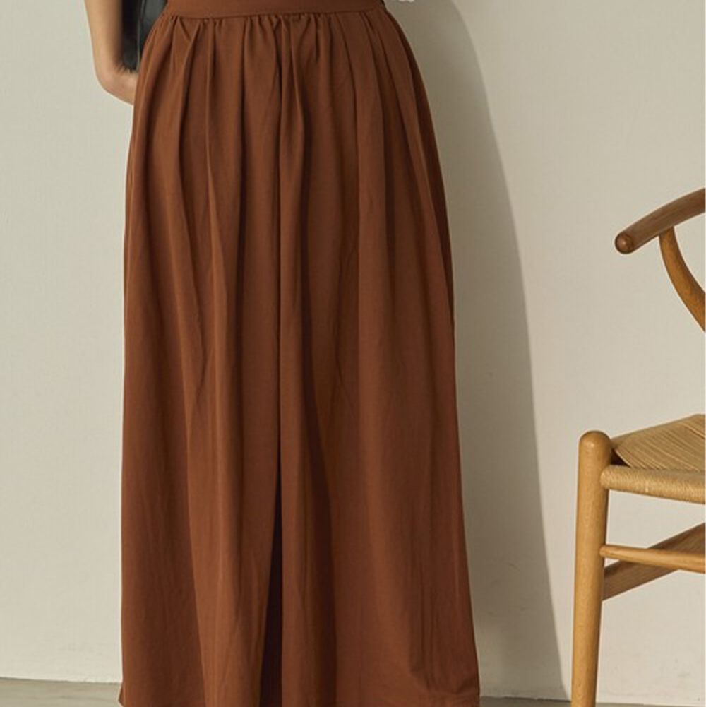接觸涼感 透氣飄逸感打摺長裙(有口袋)-咖啡