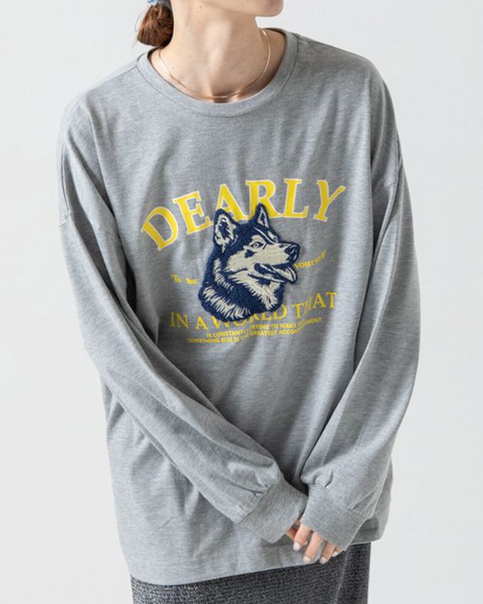 日本 gleam - 相良刺繡哈士奇印花帥氣長袖T恤-白