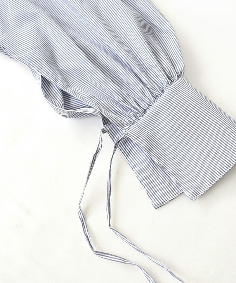 日本 zootie - 繫帶開衩袖口襯衫長版上衣-深藍條紋