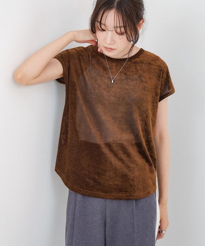 日本 Bab - 微透輕盈天鵝絨法式袖上衣-橘 (M)