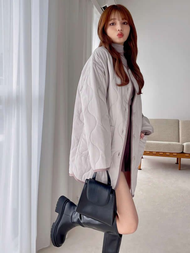 日本 GRL - 波浪衍縫鋪棉外套-米