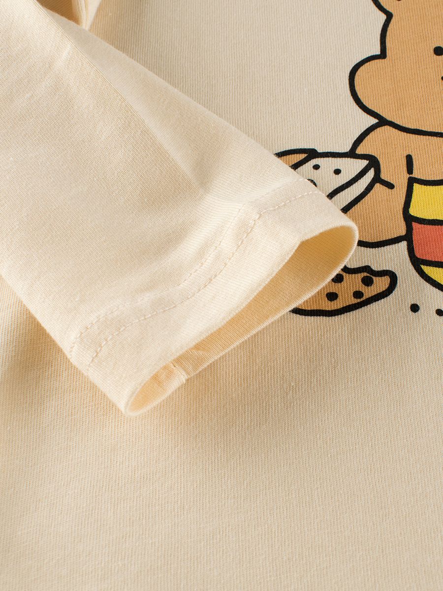 純棉圓領薄長袖上衣-熊熊宅在家-杏色