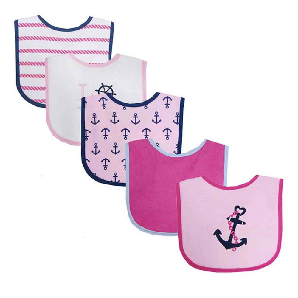 美國 Luvable Friends - 嬰幼兒口水巾圍兜5入組(上層棉質吸水/底層防水)-粉色船錨