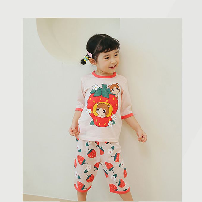 正韓 Puco - 超優質嬰幼兒/兒童七分袖100% 有機純棉家居服/睡衣-草莓倉鼠