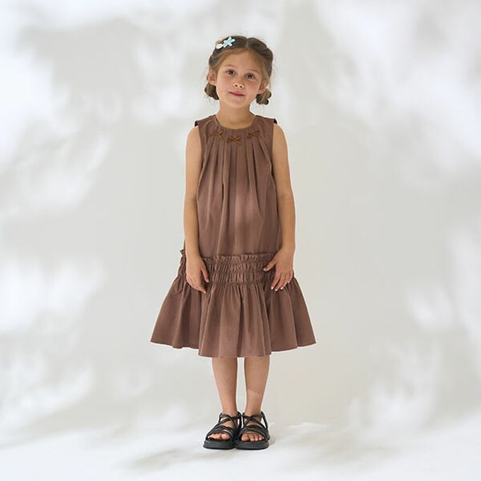 日本 Lycee mine - 甜美蝴蝶結分層無袖洋裝-卡其杏