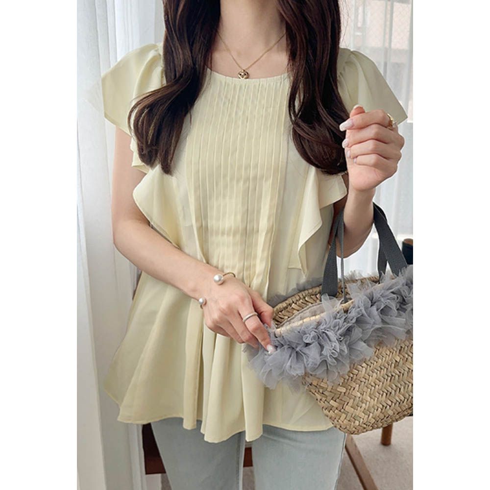 氣質線條圓領荷葉短袖上衣-黃 (F)