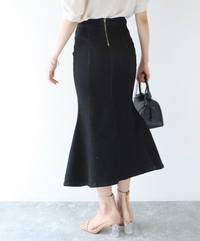 日本 BLUE EAST - 質感丹寧修身魚尾裙-深藍