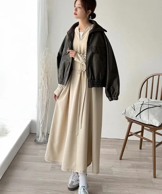 日本 Classical Elf - 鑰匙領氣質澎澎腰綁帶長袖洋裝-海軍藍