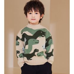 BOMI - 圓領保暖針織長袖上衣/毛衣-恐龍迷彩-綠色