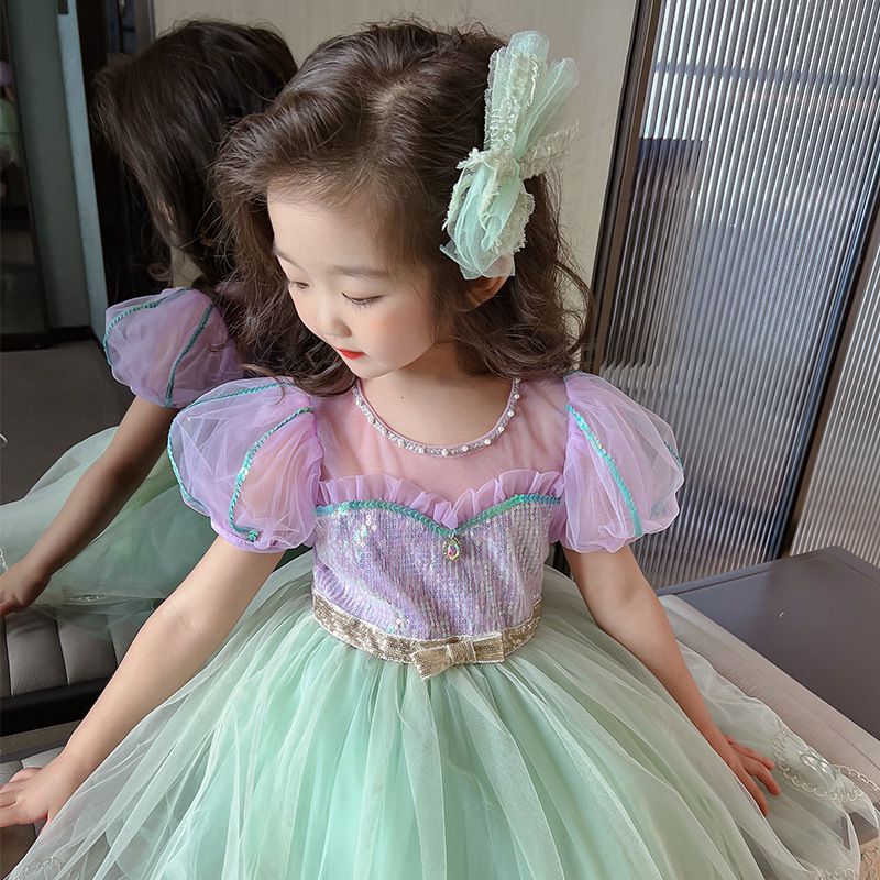 公主風亮晶晶短袖連身裙-美人魚配色-果綠+紫