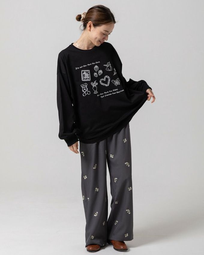日本 gleam - 甜蜜刺繡印花休閒寬版長袖T恤-黑