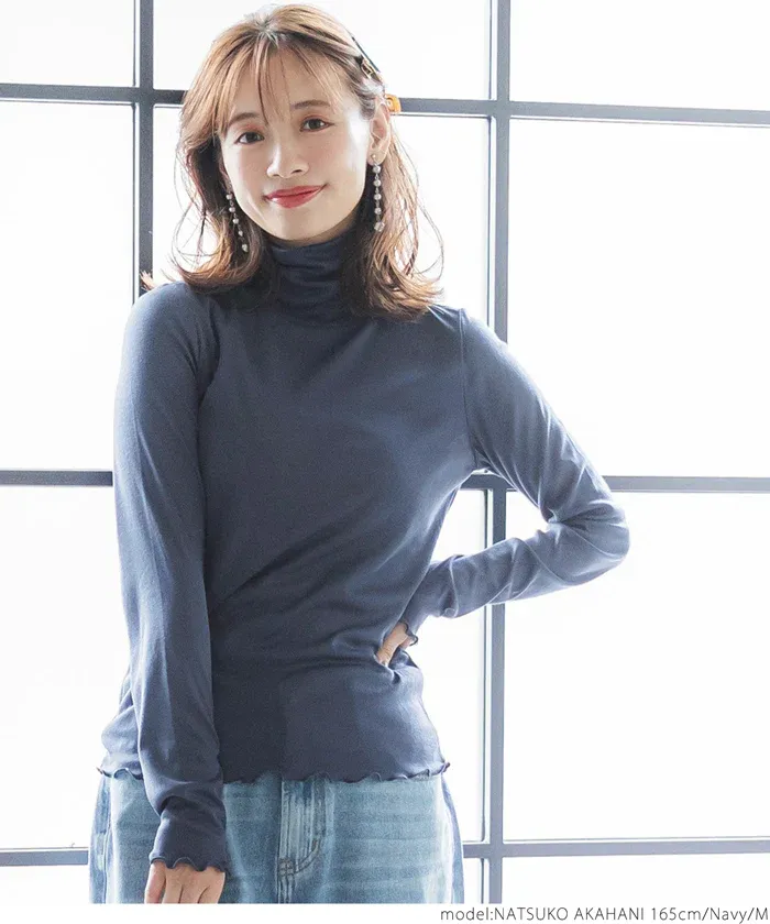 日本 COCA - 高領微透感長袖內搭/上衣-深藍