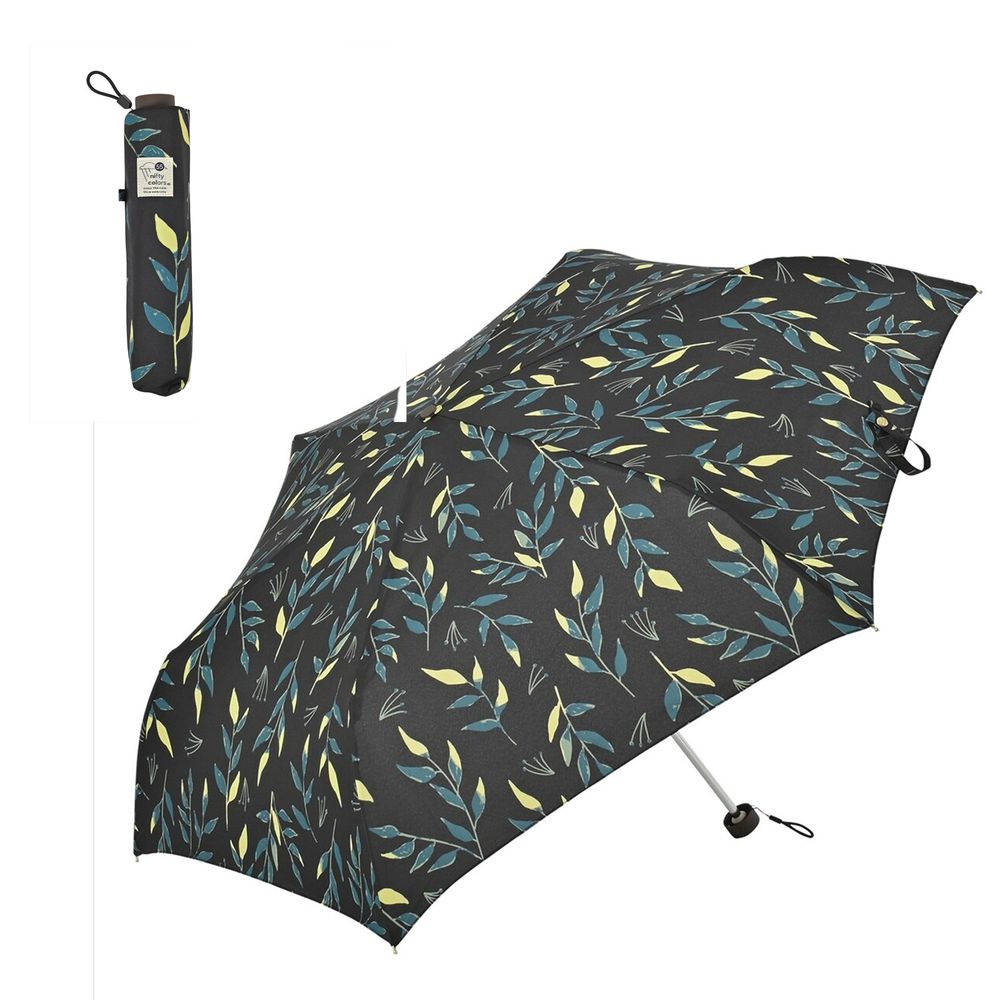 日本 nifty colors - 抗UV輕量 晴雨兩用折疊傘-光影綠葉-黑 (直徑98cm/191g)-90.0%