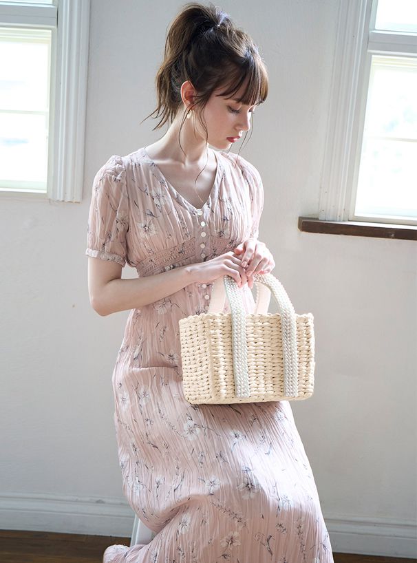 日本 GRL - 珍珠提把方形藤編包-杏