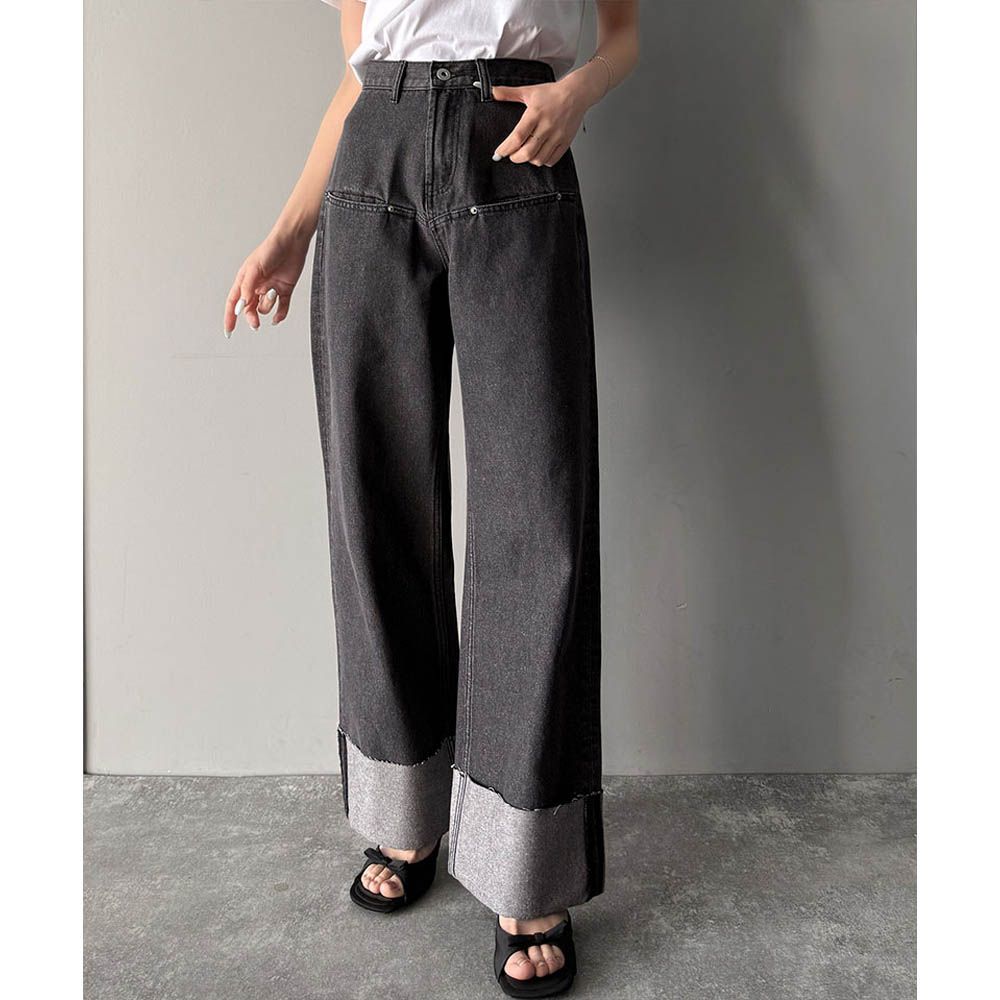 Java 時尚大反摺修身丹寧寬褲-灰黑