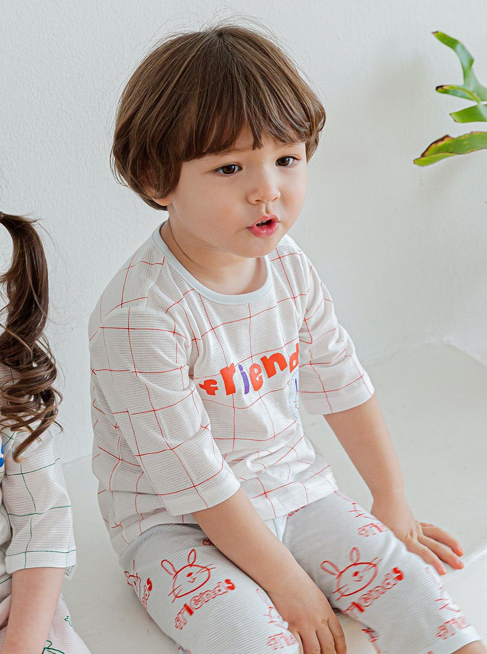 韓國 Cordi-i - 無螢光棉透氣緹花七分袖家居服-格子小狗