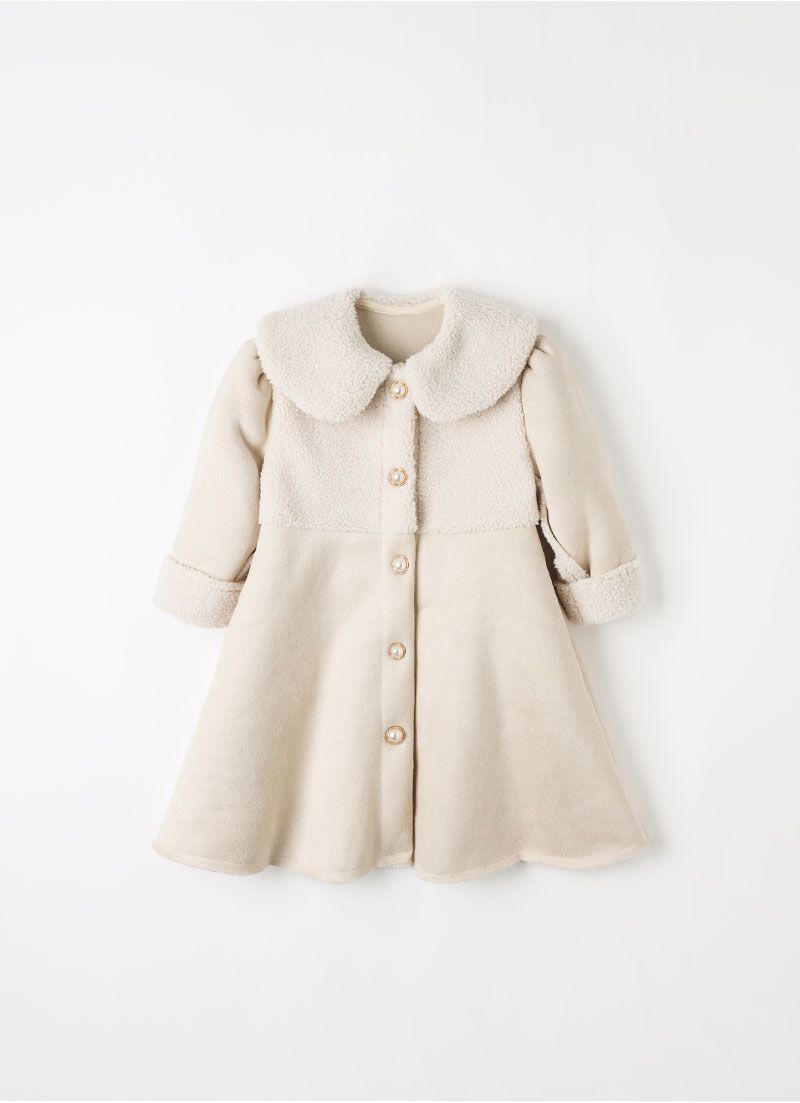 韓國 OZKIZ - 冬日感搖粒絨拼接連身大衣-淺卡其