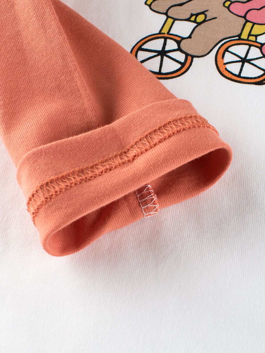 純棉圓領薄長袖上衣-熊熊狗狗好朋友-米白+深橘