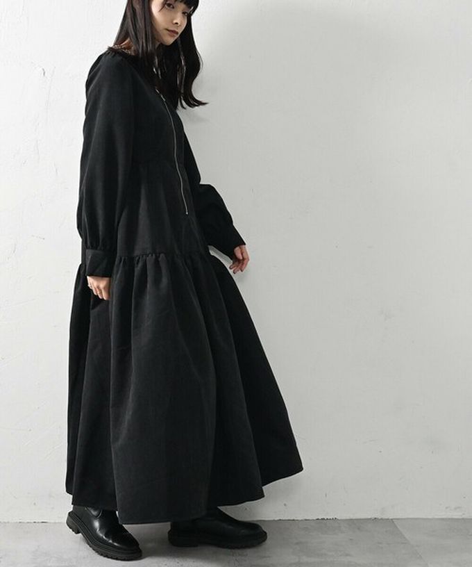 日本 ELENCARE DUE - V領拉鏈桃皮絨優美長袖洋裝-黑