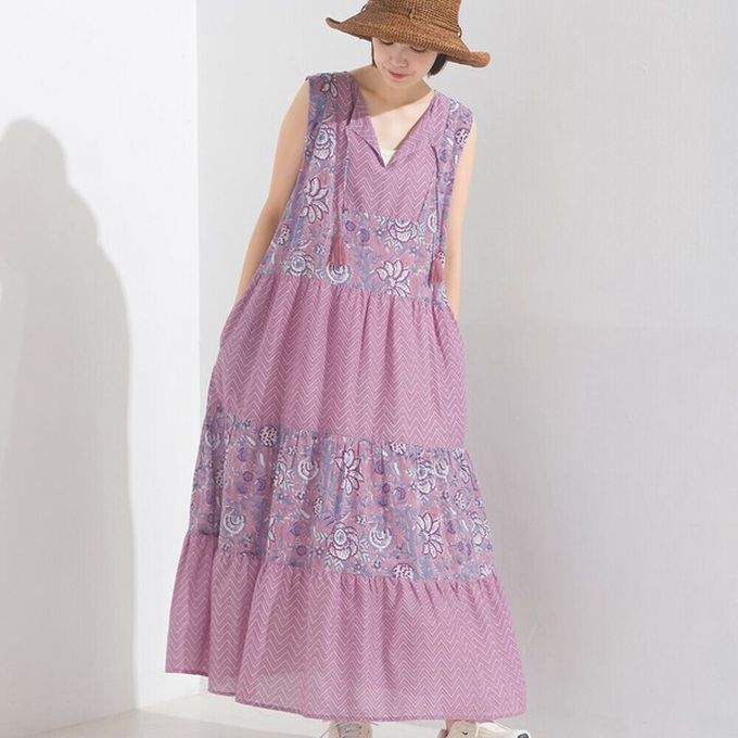 日本 OMNES - 100%印度棉 奢華印花流蘇無袖洋裝-寶藍