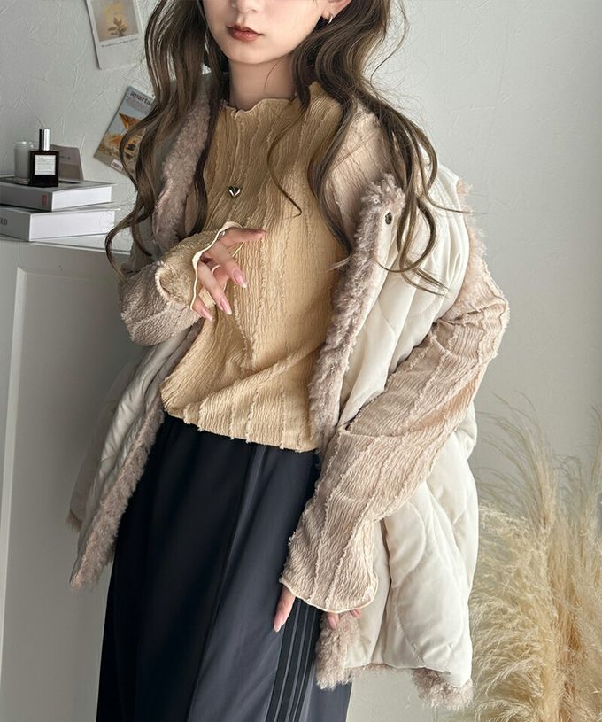 日本 Classical Elf - 奢華羽毛感緹花長袖上衣-可可