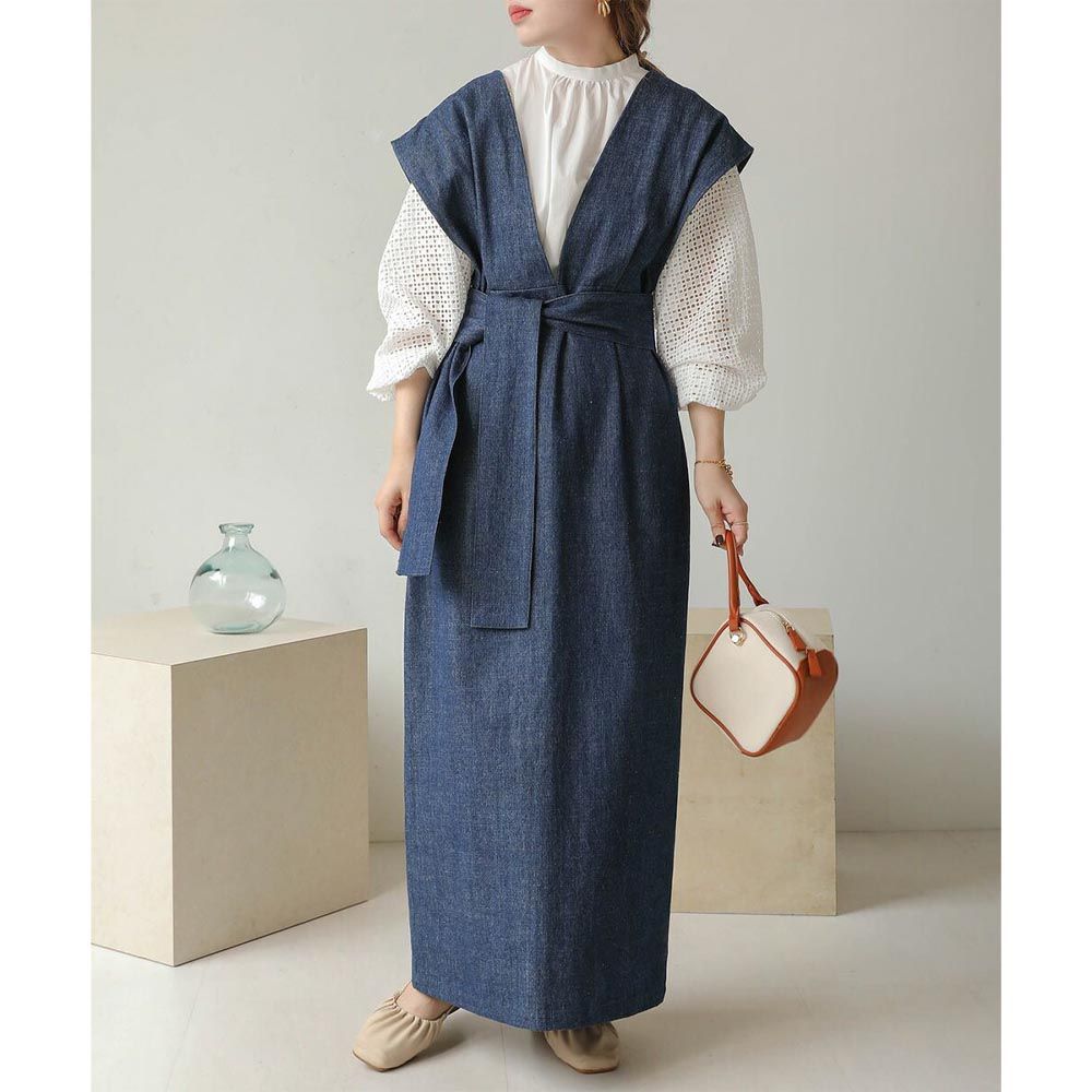 日本 Bab - 知性V領設計綁帶背心裙-丹寧藍
