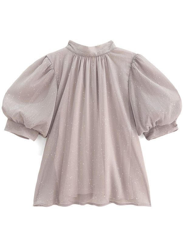 日本 GRL - 後綁帶柔美光澤雪紡泡泡袖上衣-香檳粉 (F)