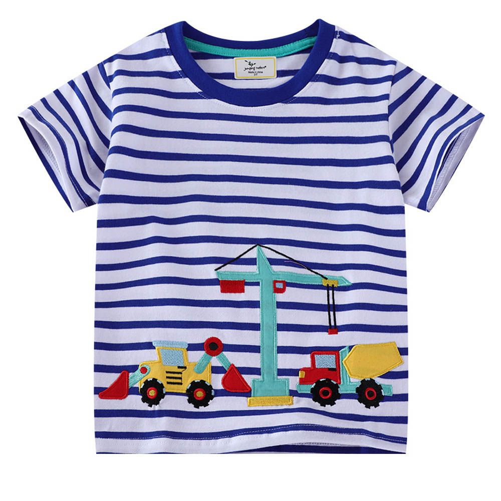 棉質圓領短袖上衣-工程車車-條紋