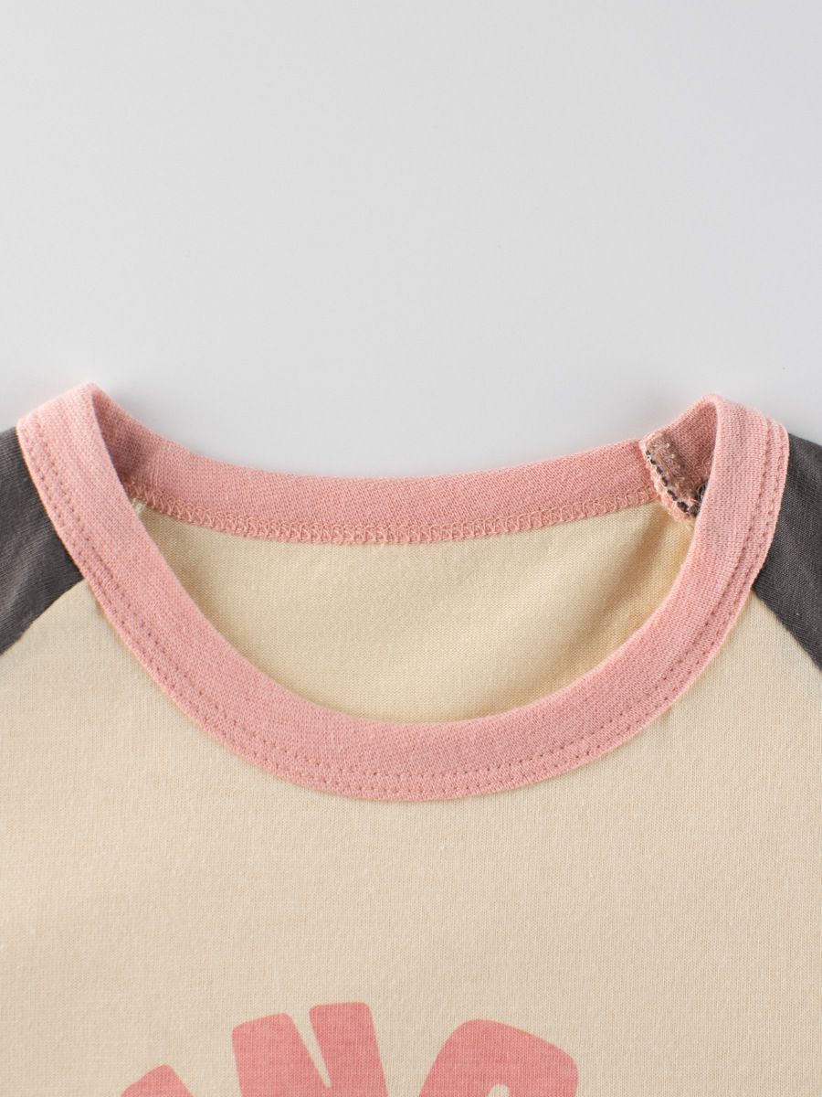 純棉圓領薄長袖上衣-笑臉太陽花-深灰+杏