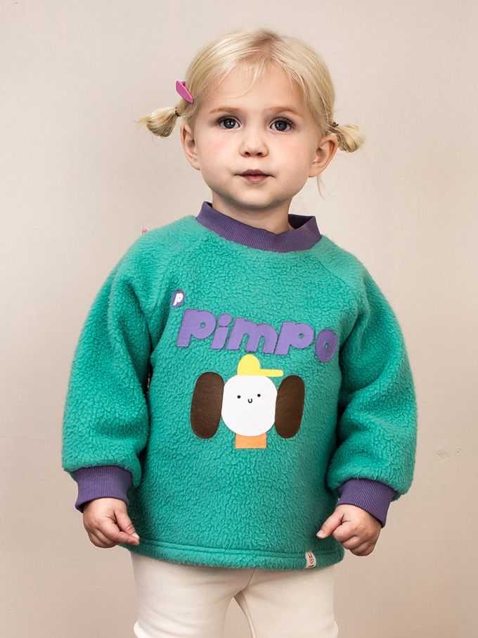 韓國Pimpollo - 圓臉插圖背釦保暖上衣-象牙色